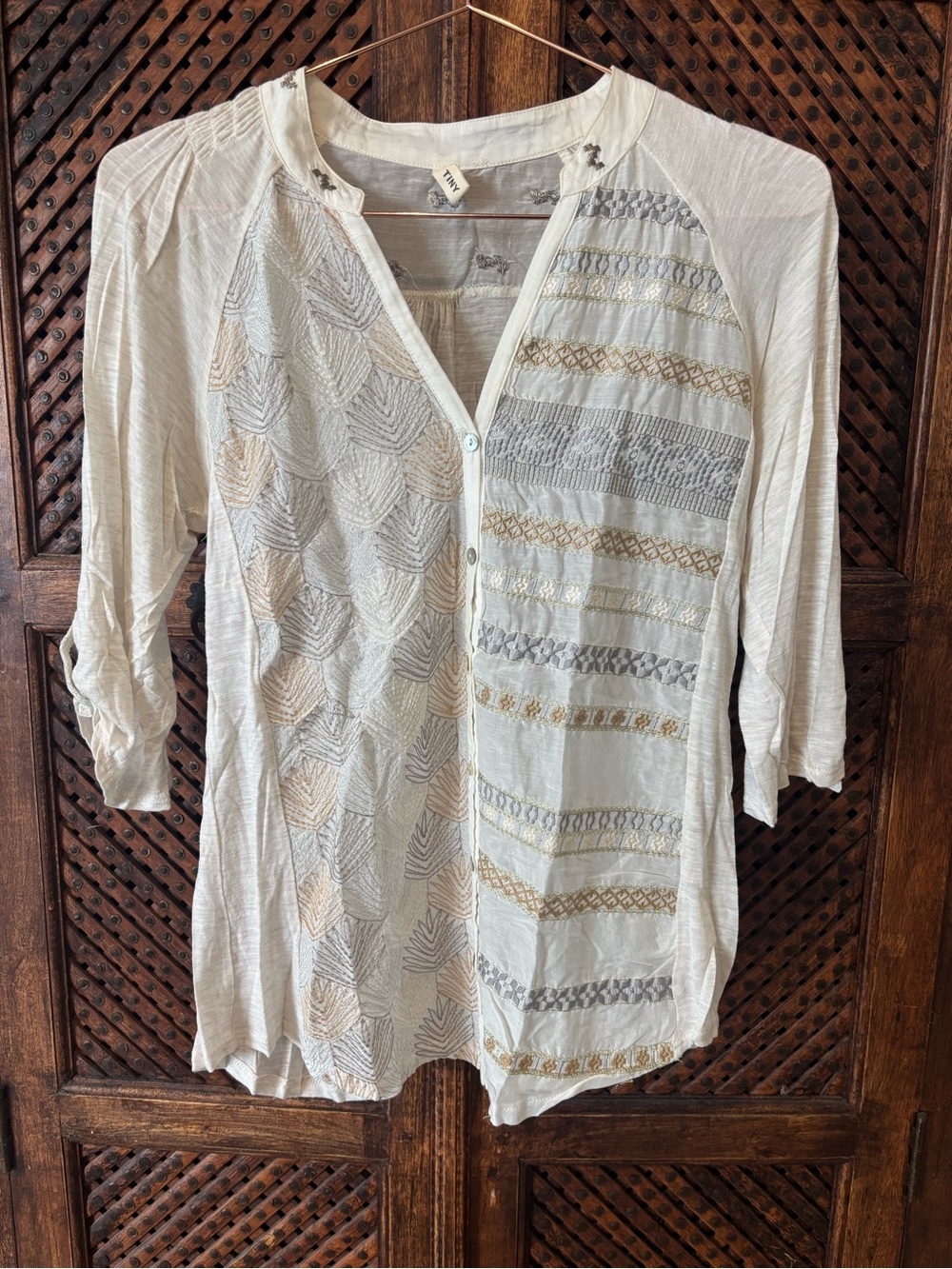 Anthropologie Cream Button-Front Blouse with Embroidered Accents